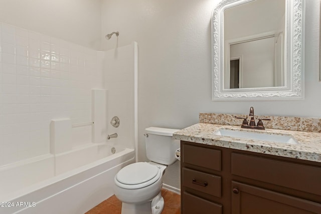 full bathroom featuring bathtub / shower combination, tile patterned floors, vanity, and toilet