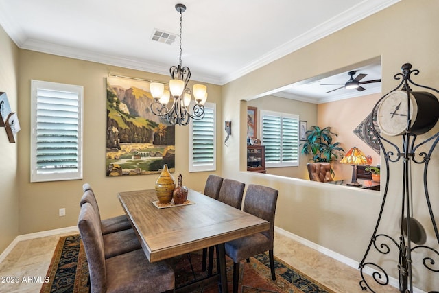 dining space with a notable chandelier and crown molding