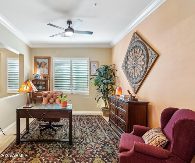 home office with ceiling fan and ornamental molding