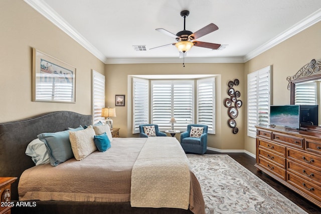 bedroom featuring ceiling fan, dark wood-type flooring, and ornamental molding