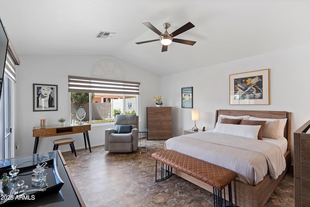 bedroom with vaulted ceiling, visible vents, and ceiling fan