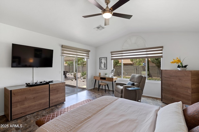 bedroom featuring vaulted ceiling, access to outside, multiple windows, and visible vents