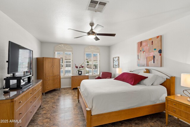 bedroom featuring a ceiling fan and visible vents