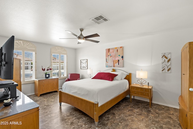 bedroom featuring baseboards, visible vents, and ceiling fan