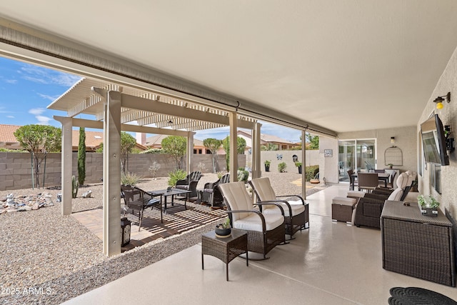 view of patio / terrace featuring an outdoor living space, a pergola, a fenced backyard, and outdoor dining area