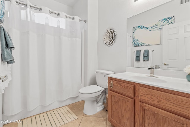 full bathroom featuring tile patterned flooring, vanity, shower / bath combination with curtain, and toilet