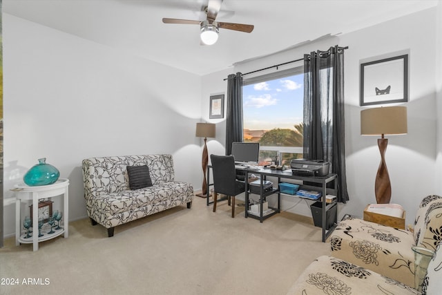 carpeted office with ceiling fan