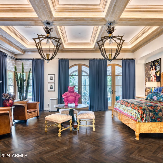 bedroom with french doors, baseboards, coffered ceiling, and crown molding