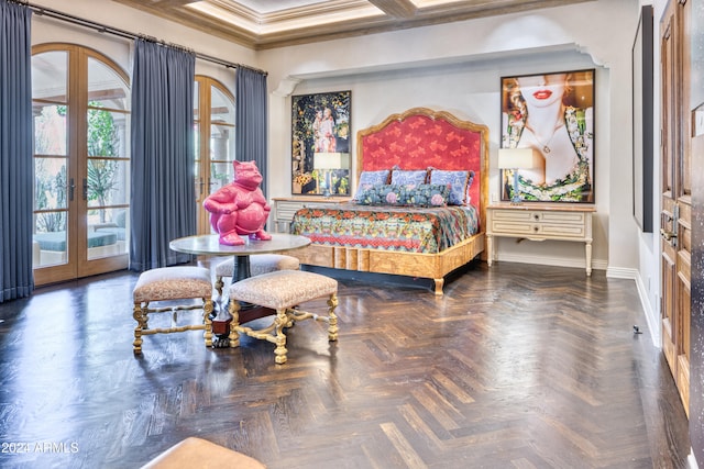 bedroom with access to exterior, french doors, baseboards, and ornamental molding