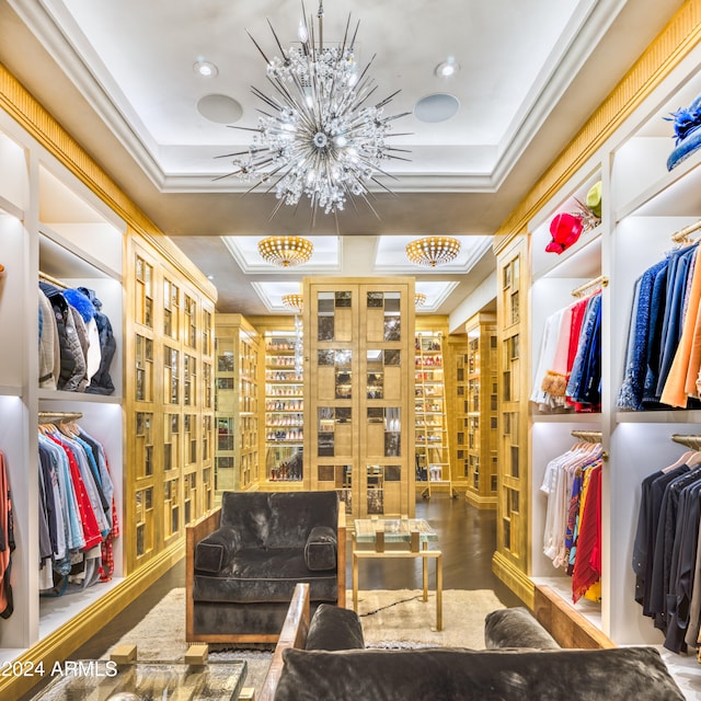 spacious closet featuring a tray ceiling, a notable chandelier, and wood finished floors