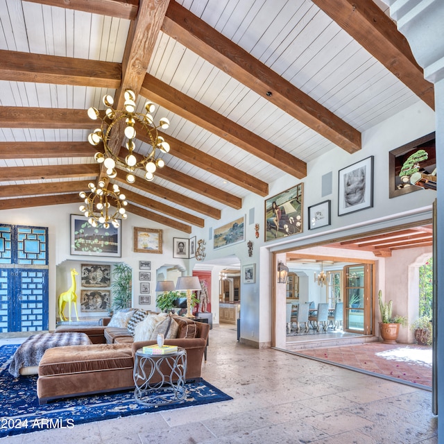 living room with an inviting chandelier, lofted ceiling with beams, arched walkways, and wooden ceiling