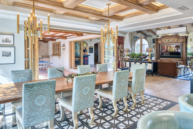 dining room featuring visible vents, a chandelier, beamed ceiling, ornamental molding, and coffered ceiling