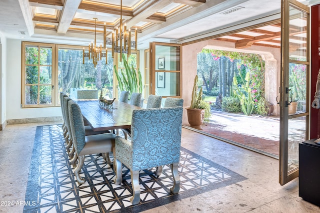 dining room with baseboards, visible vents, coffered ceiling, an inviting chandelier, and beam ceiling