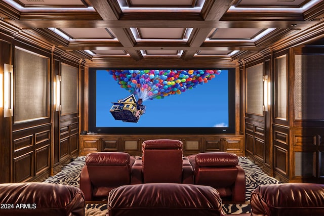 cinema with beamed ceiling, wooden walls, coffered ceiling, and crown molding