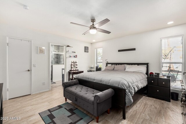 bedroom with a ceiling fan and recessed lighting