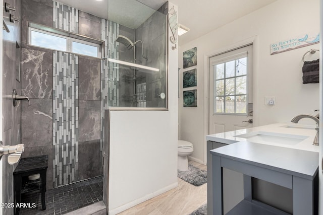 full bathroom with double vanity, toilet, walk in shower, and a sink