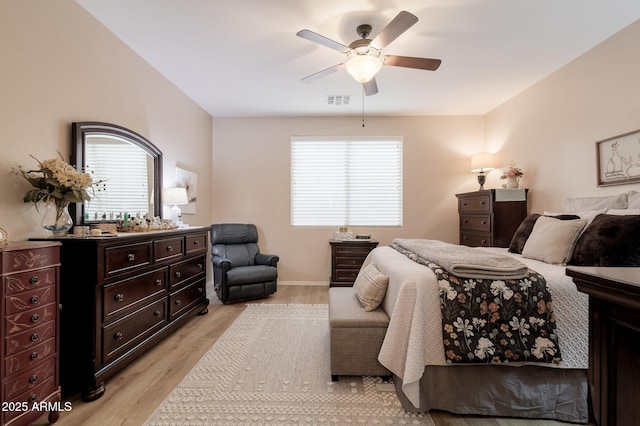 bedroom with ceiling fan and light wood-type flooring