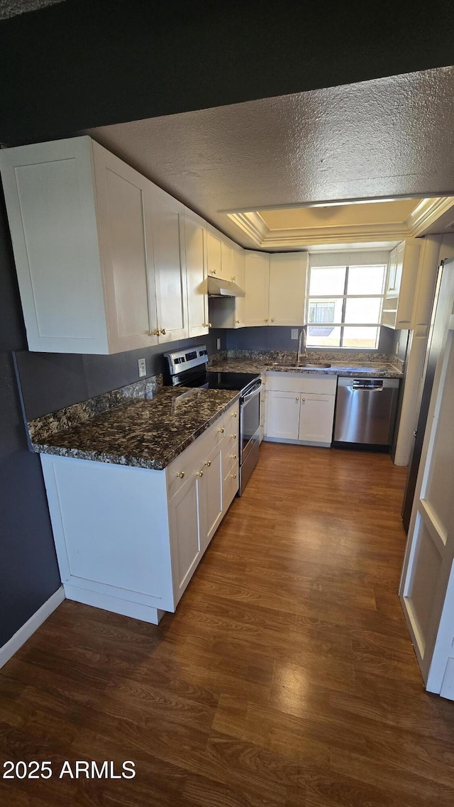 11026 N 28th Dr Unit 34, Phoenix, AZ 85029 - kitchen with stainless steel appliances, a sink, a textured ceiling, under cabinet range hood, and white cabinets