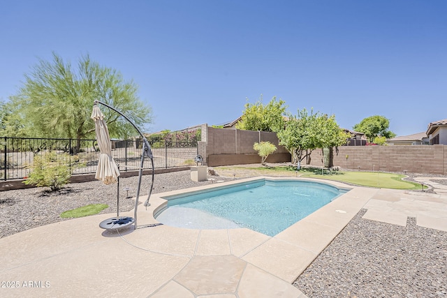 30374 N 124th Dr, Peoria, AZ 85383 - view of swimming pool with a putting area, a fenced backyard, and a patio