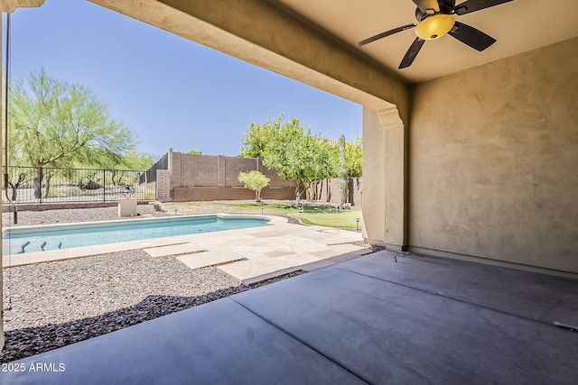 30374 N 124th Dr, Peoria, AZ 85383 - view of swimming pool with ceiling fan, a fenced backyard, and a patio