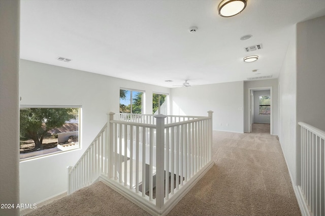 corridor with light colored carpet