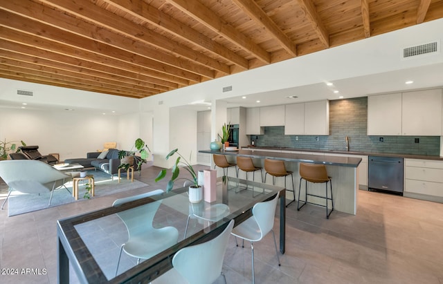 dining area with beamed ceiling, wood ceiling, and sink