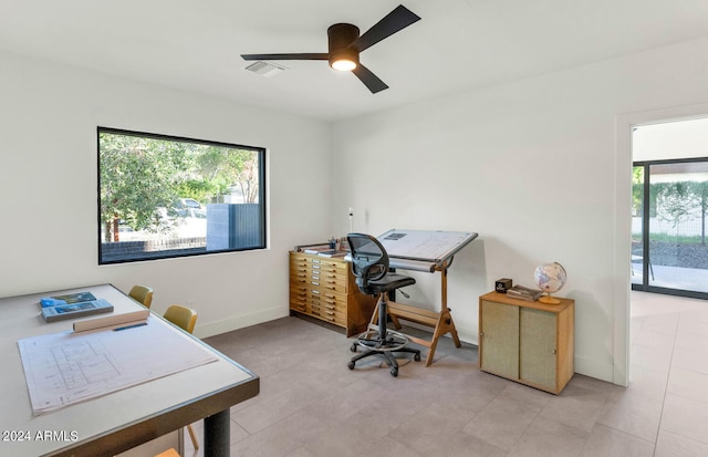 office area with ceiling fan