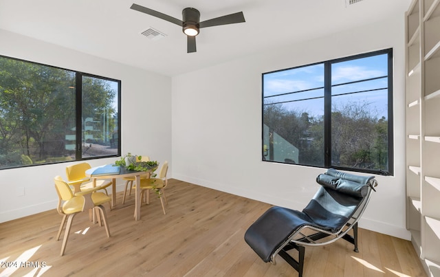 living area with light hardwood / wood-style floors, ceiling fan, and a healthy amount of sunlight