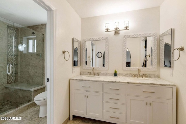 bathroom featuring vanity, toilet, and a shower with shower door