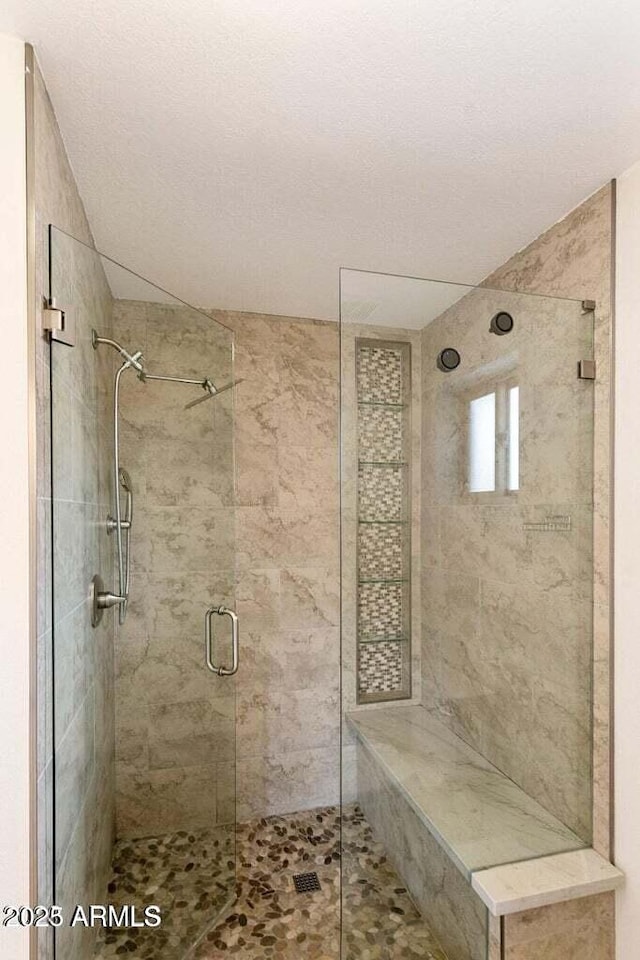 bathroom with a shower with shower door