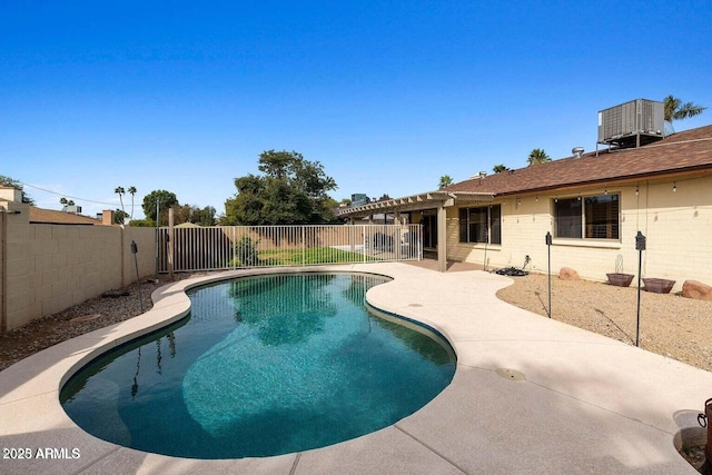 view of pool with a pergola, a patio area, and central air condition unit