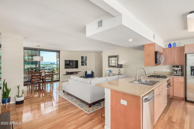 kitchen featuring kitchen peninsula, stainless steel appliances, light hardwood / wood-style flooring, expansive windows, and sink