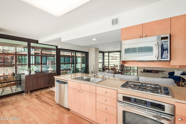 kitchen with sink, light brown cabinets, light hardwood / wood-style flooring, and stainless steel appliances