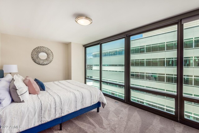 carpeted bedroom with a wall of windows