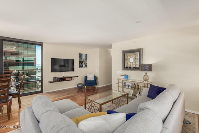 living room with light wood-type flooring and floor to ceiling windows