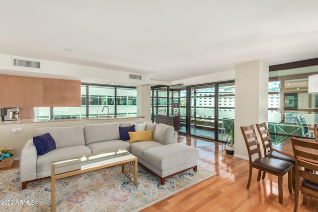 living room featuring light hardwood / wood-style flooring and sink