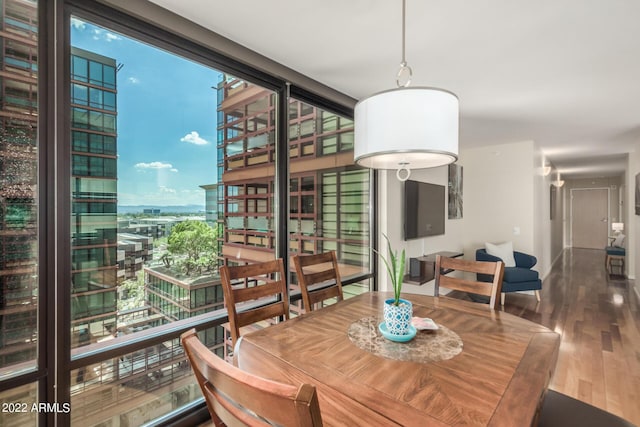 dining room with a wealth of natural light, floor to ceiling windows, and hardwood / wood-style floors