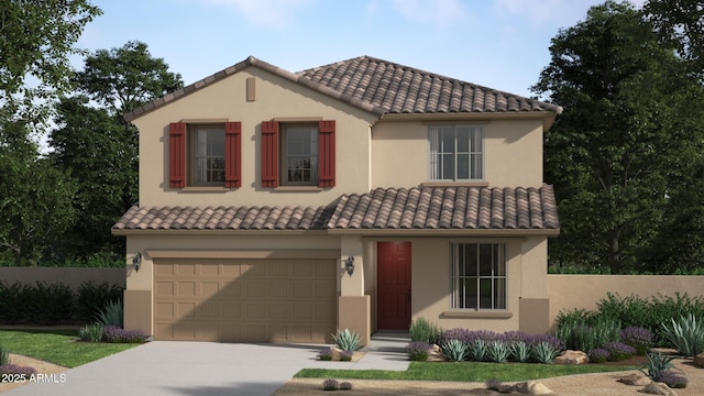 mediterranean / spanish home featuring a garage, fence, driveway, a tiled roof, and stucco siding