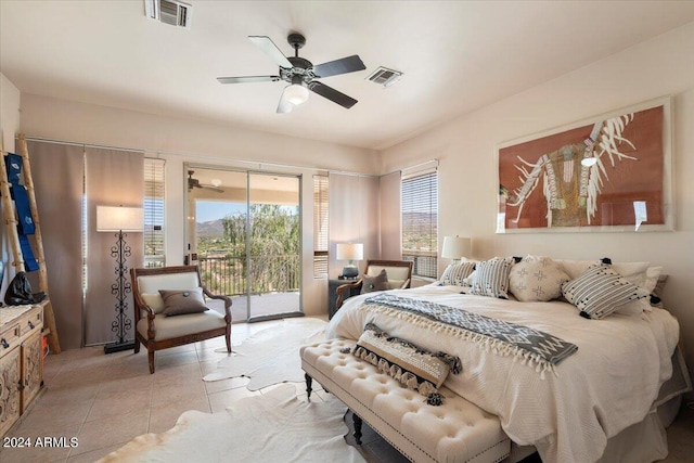 bedroom with access to outside, ceiling fan, and light tile patterned flooring