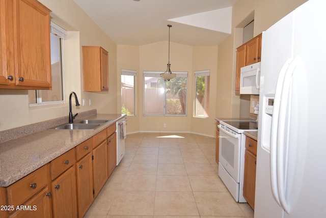 9145 W Menadota Dr, Peoria, AZ 85382 - kitchen featuring hanging light fixtures, baseboards, light tile patterned floors, a sink, and white appliances