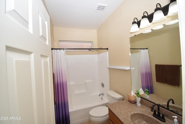 9145 W Menadota Dr, Peoria, AZ 85382 - bathroom with shower / bathtub combination with curtain, vanity, visible vents, and toilet