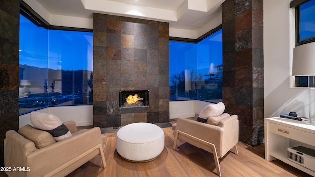 1805 E Rocky Slope Dr, Phoenix, AZ 85048 - living area with a raised ceiling, wood finished floors, and a multi sided fireplace