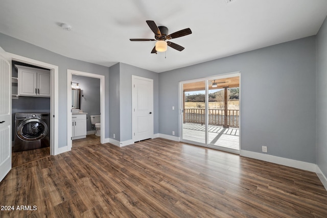 interior space with washer / dryer, dark hardwood / wood-style flooring, and ceiling fan