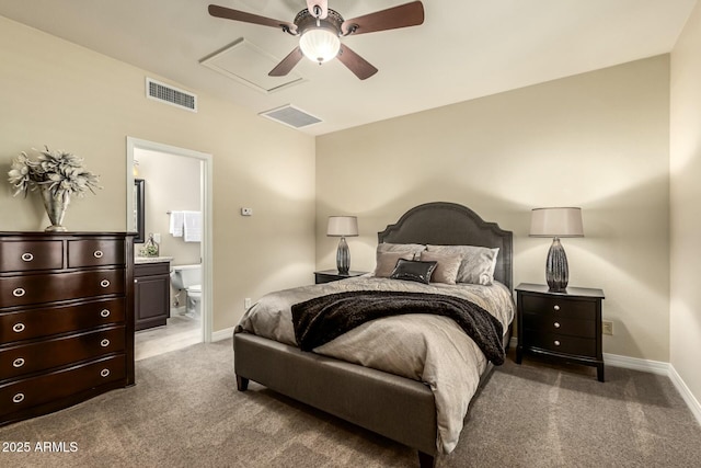 carpeted bedroom featuring ensuite bathroom and ceiling fan