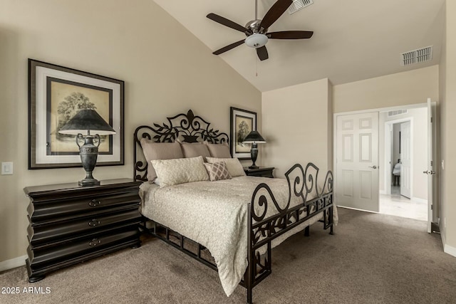 carpeted bedroom with lofted ceiling and ceiling fan