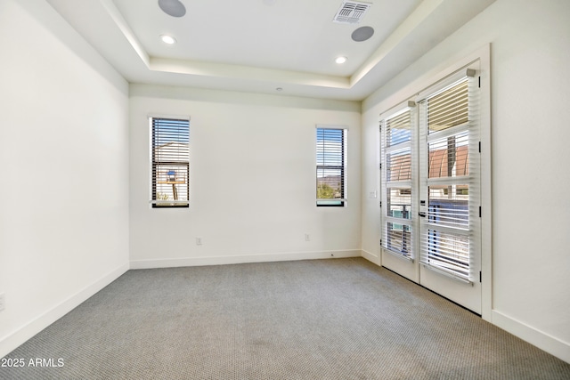 unfurnished room with a raised ceiling and light carpet