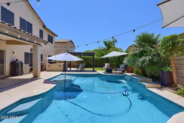 view of pool featuring a fenced in pool, a pergola, area for grilling, and a patio