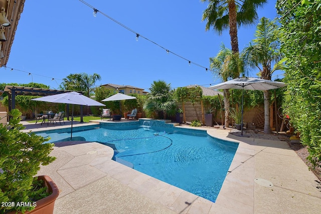 view of pool featuring a patio, a fenced in pool, a fenced backyard, and outdoor dining space
