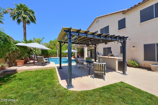 view of patio featuring an outdoor bar, a pergola, an outdoor pool, and an outdoor kitchen