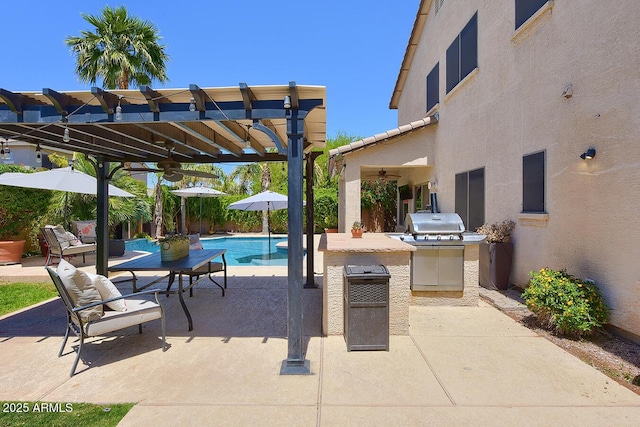 view of patio / terrace with ceiling fan, an outdoor pool, a pergola, and area for grilling